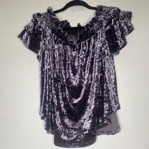 Umgee Top Womens S Purple Crushed Velvet Off-Shoulder Riffle‎ Sleeves Popover